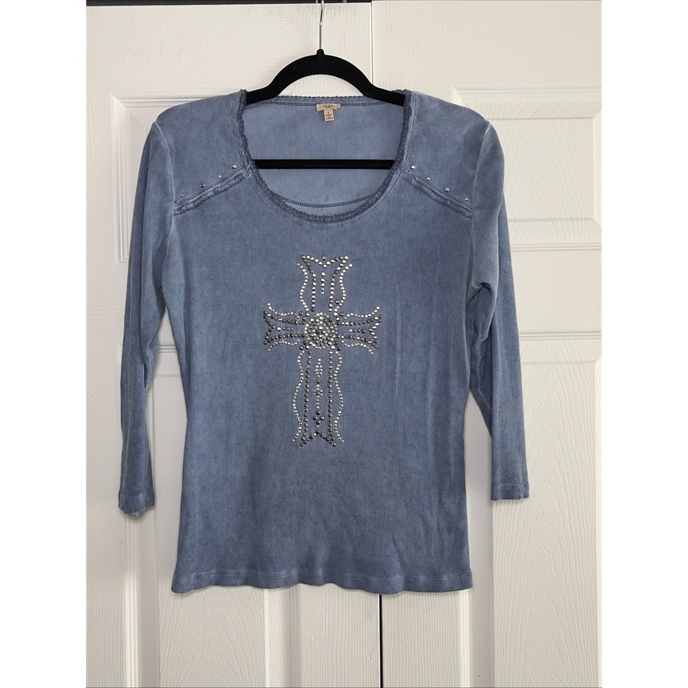 Reba Studded Cross Top Womens Size L Blue Rhinestone Lace 100% Cotton Y2K Boho